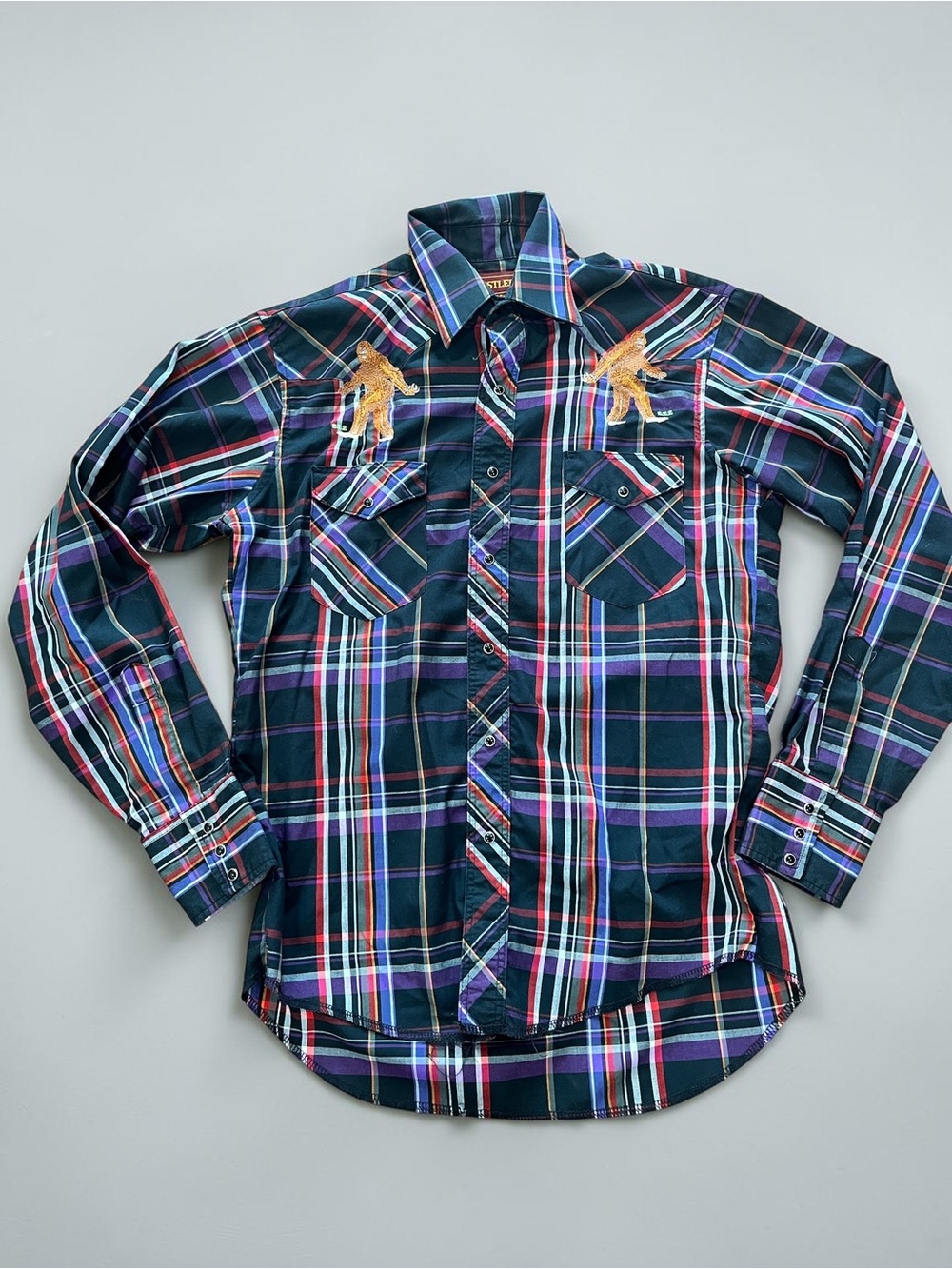 Vintage Rustler Plaid Pearl Snap Western Shirt Bigfoot Sasquatch Embroidered